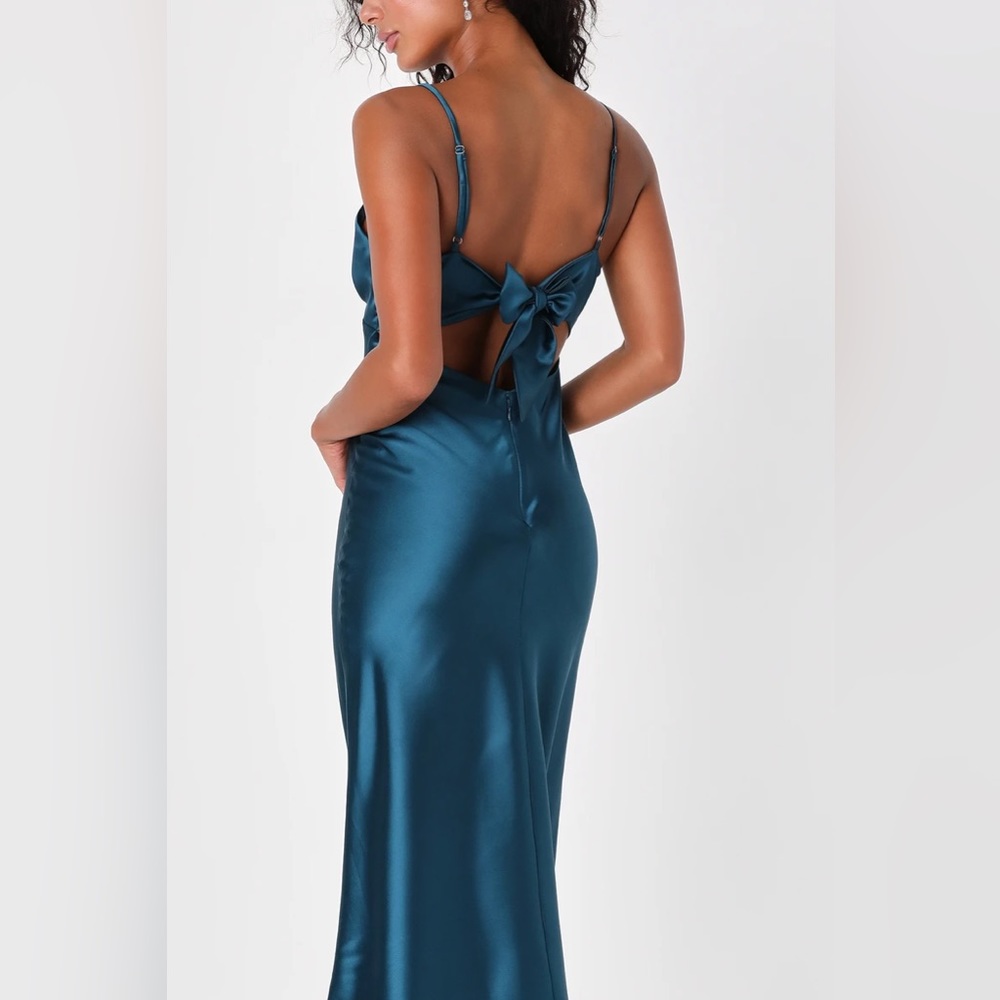 Luxe Moments Teal Blue Satin Tie-Back Midi Slip Dress